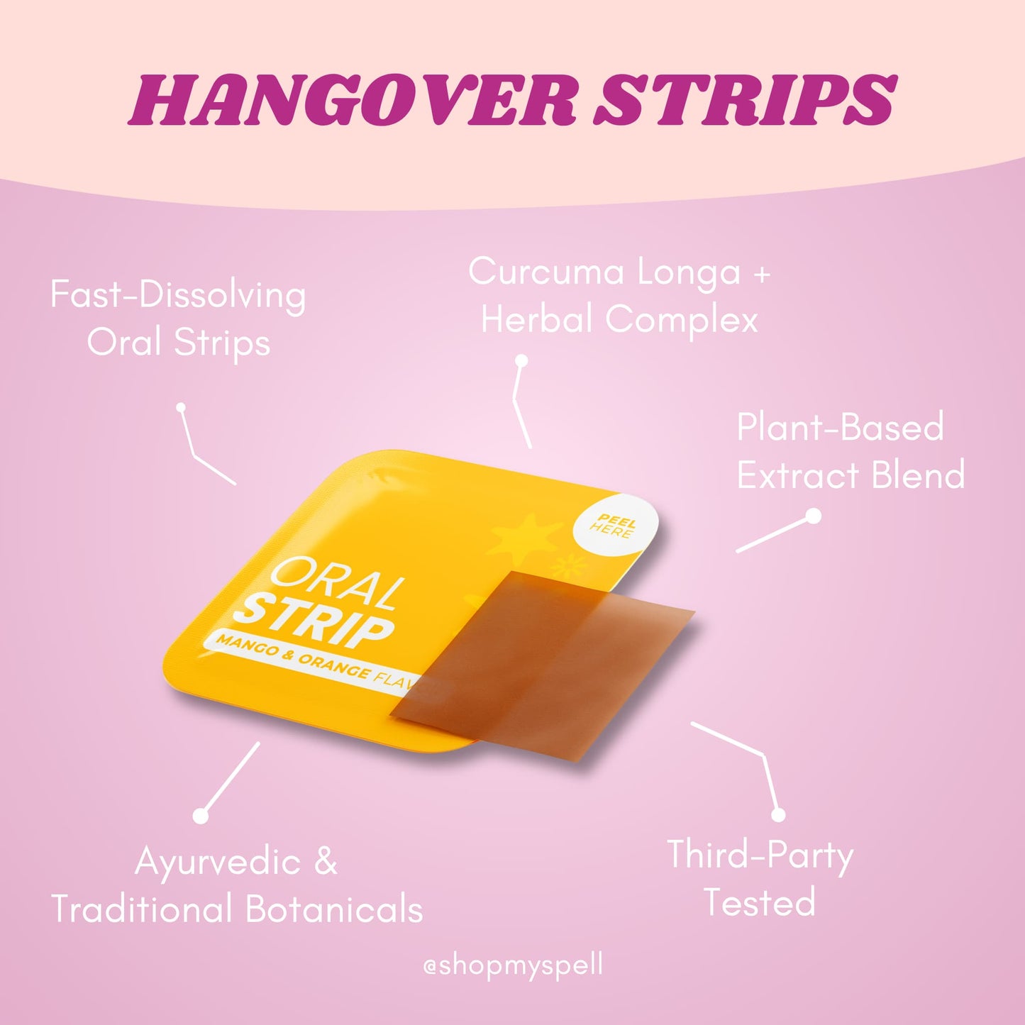 My Spell Supplements Hangover relief oral strip with features on a pink background