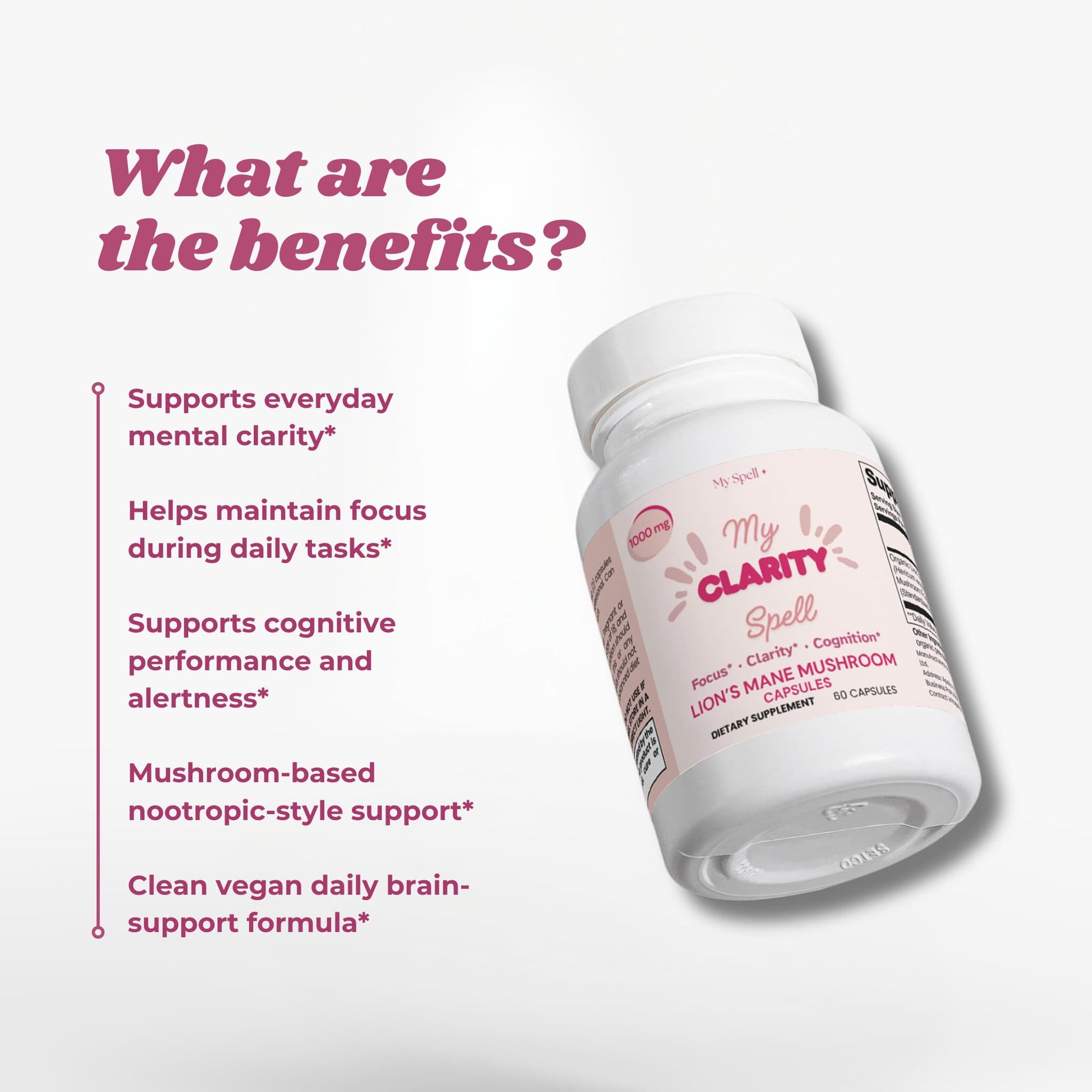 My Spell Supplements Lion's Mane Mushroom Capsules bottle labeled 'My Clarity' with benefits listed on a white background