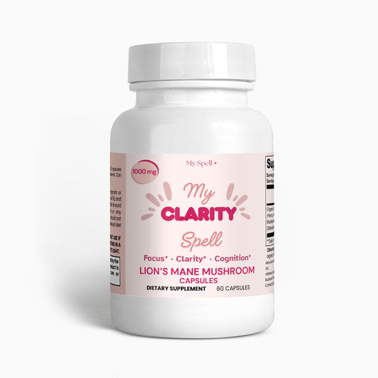 My Spell Supplements Lion's Mane Mushroom Capsules bottle labeled 'My Clarity Spell' on a white background