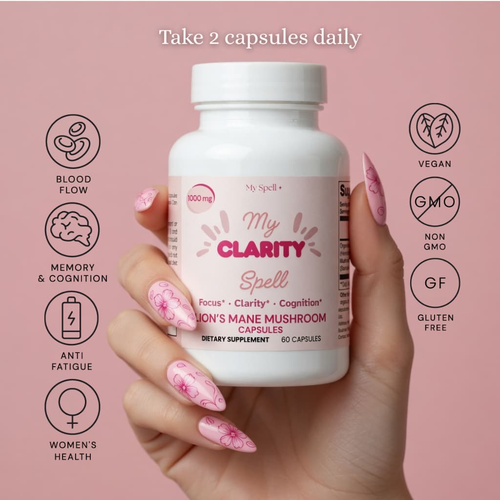 Hand holding a bottle of My Spell Supplements Lion's Mane Mushroom capsules  'My Clarity Spell' dietary supplement with pink background and icons.