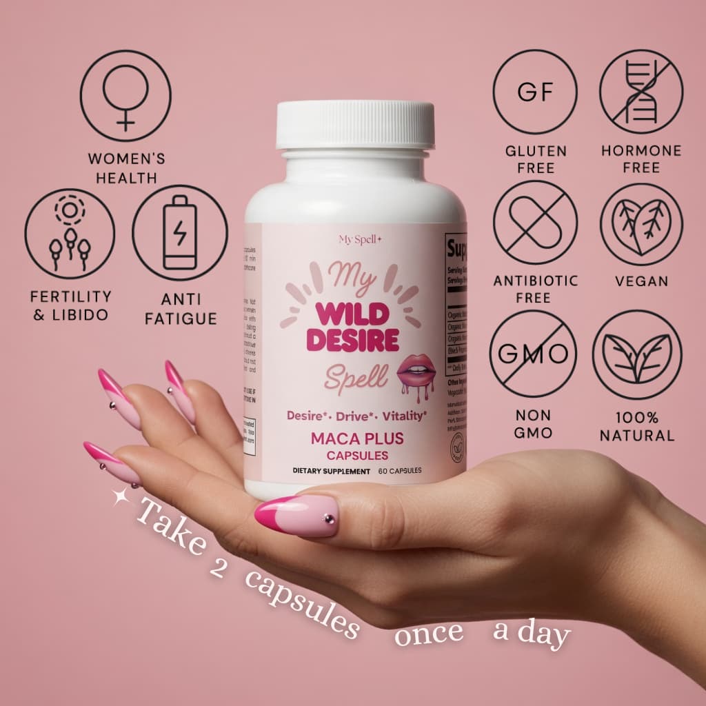 Hand holding a bottle of My Spell Supplements 'My Wild Desire Spell' maca plus capsules against a pink background with health icons.