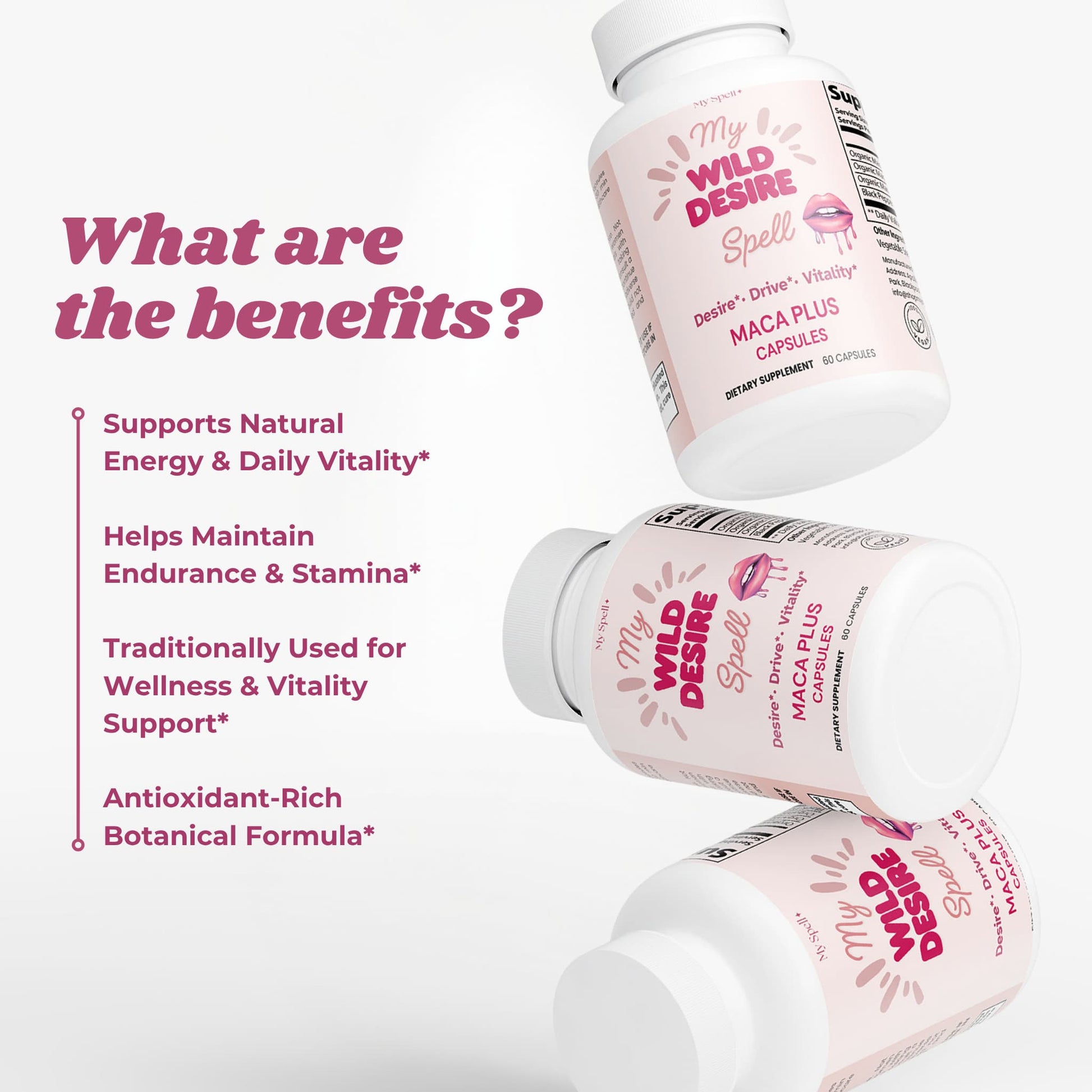 Three My Spell Supplements 'My Wild Desire Spell' Maca Plus capsules bottles with text highlighting benefits on a white background