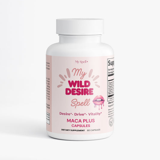 My Spell Supplement bottle labeled 'My Wild Desire Spell', Maca Plus Capsules on a white background