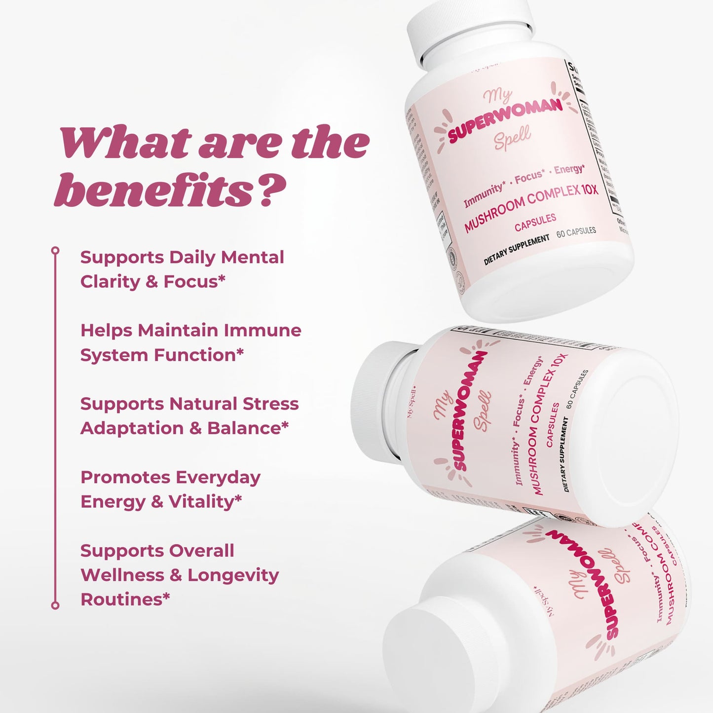 My Spell Supplements Mushroom Complex 10x capsules bottles labeled 'My Superwoman' with benefits listed on a white background