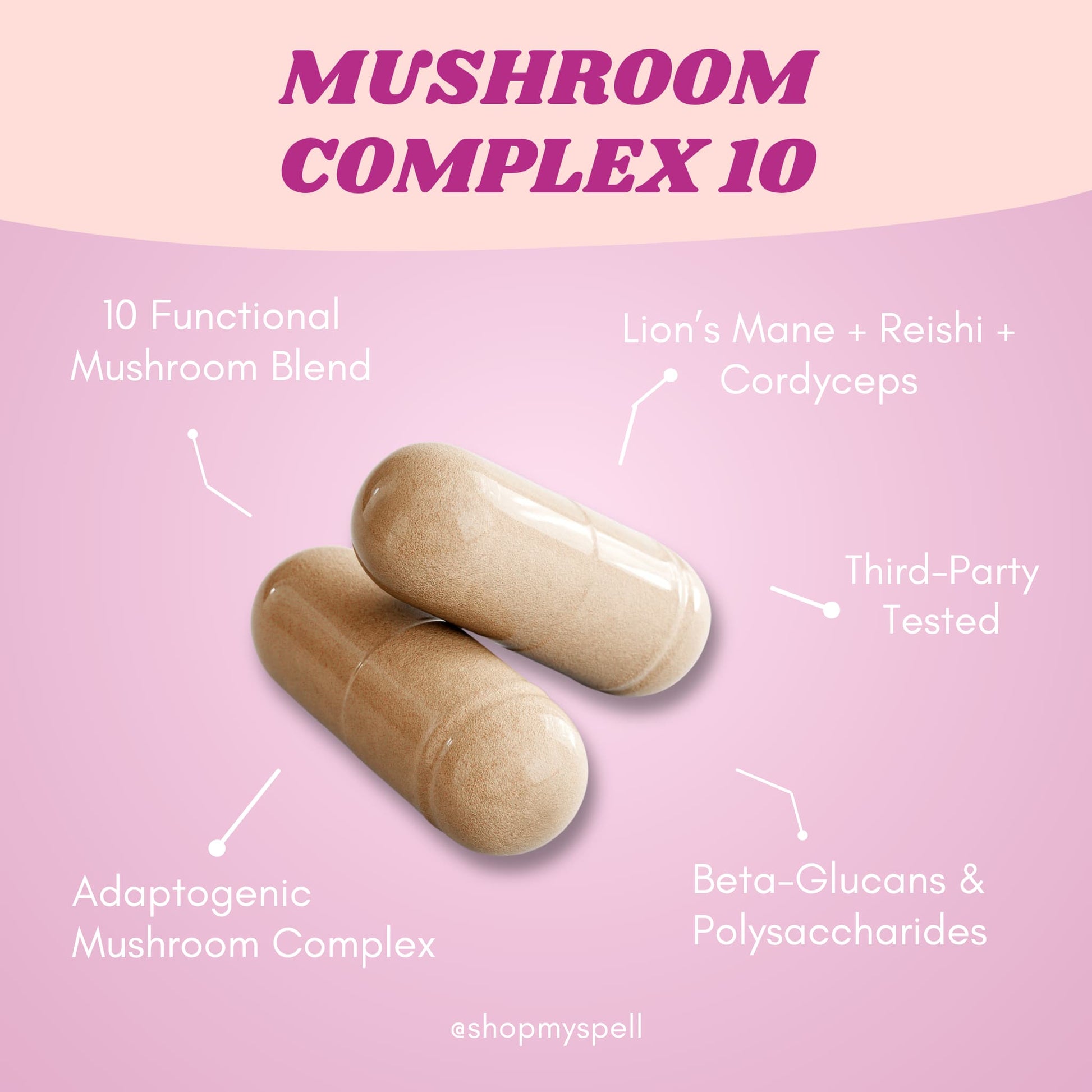 Two My Spell Supplements capsules labeled 'Mushroom Complex 10' on a pink background with text about the blend and benefits.
