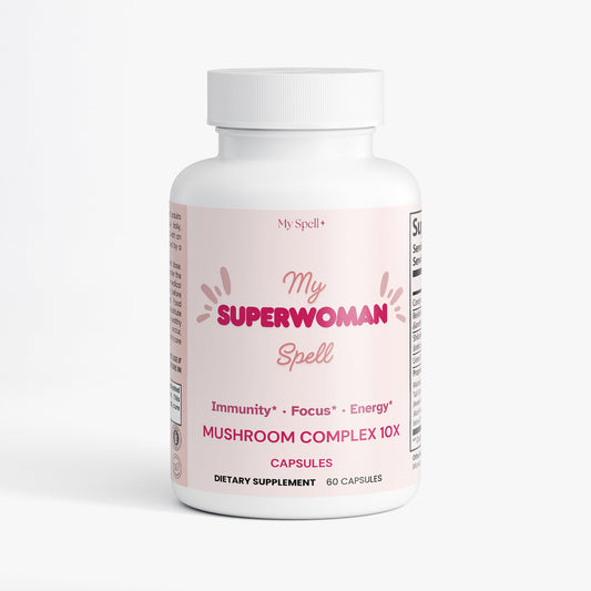 My Spell Supplements Mushroom Complex 10x bottle labeled 'My Superwoman Spell' on a white background