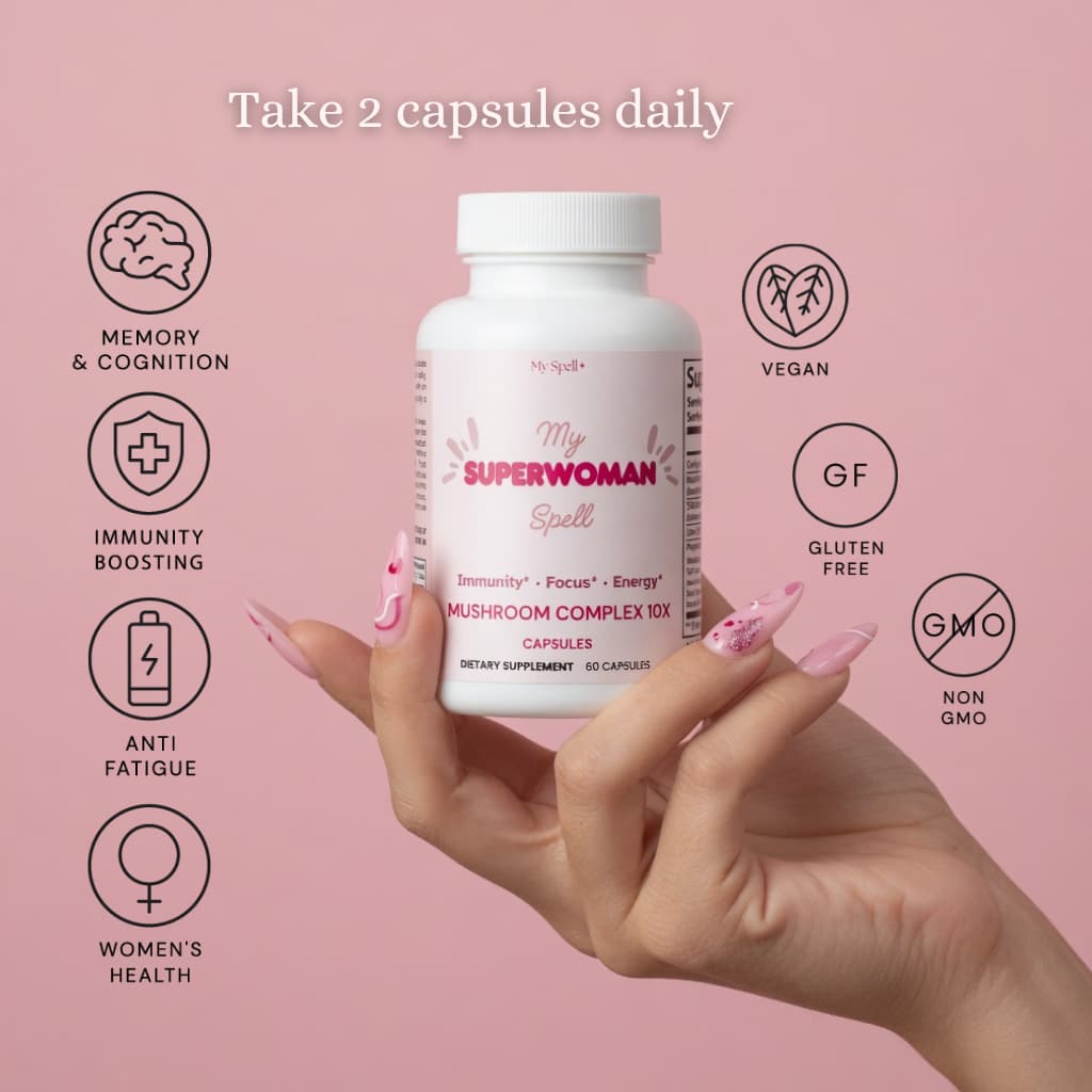 Hand holding a My Spell Supplements Mushroom Complex 10x bottle labeled 'My Superwoman' with icons and text on a pink background