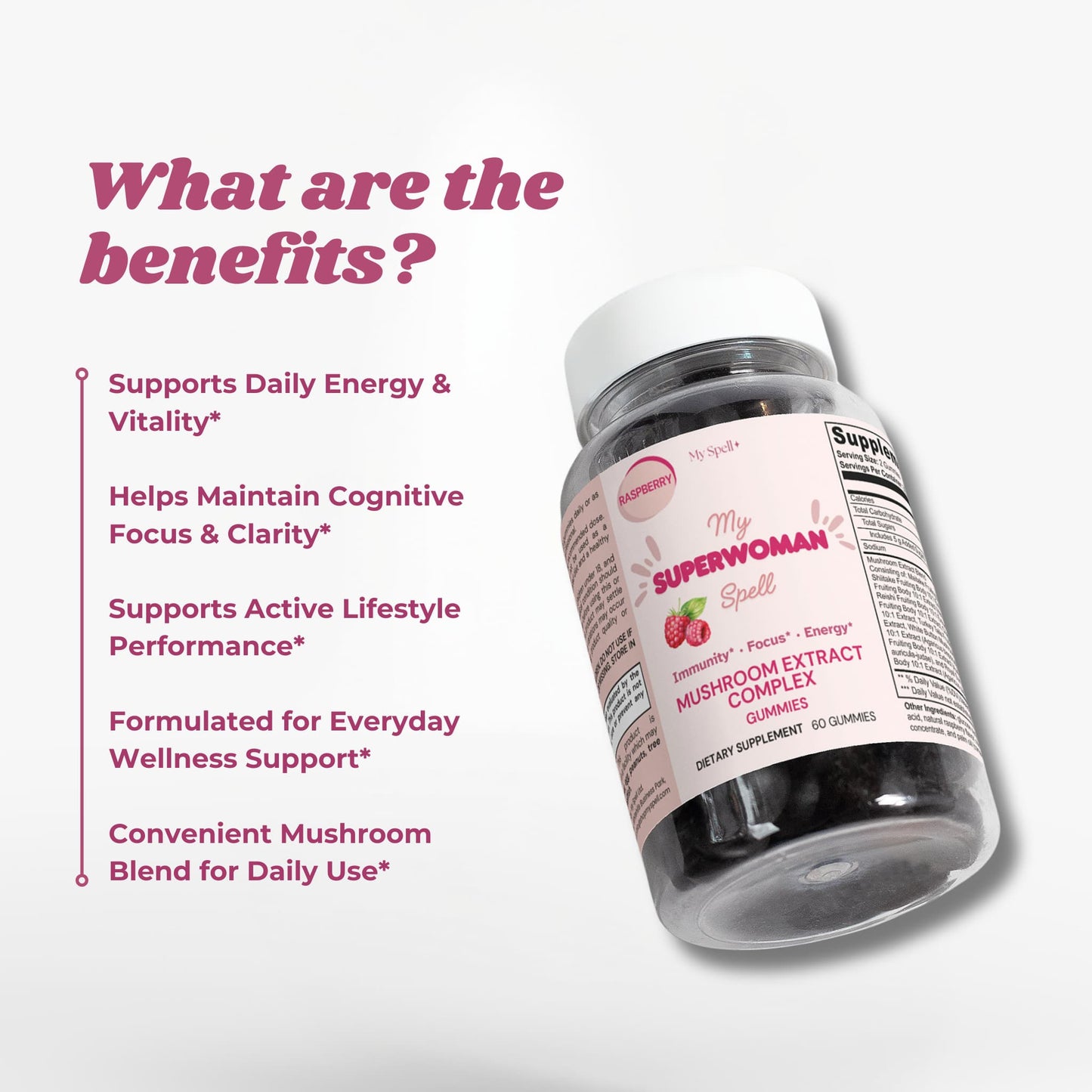 My Spell Supplements Mushroom Extract Gummies bottle labeled 'My SUPERWOMAN Spell' with benefits listed on a white background
