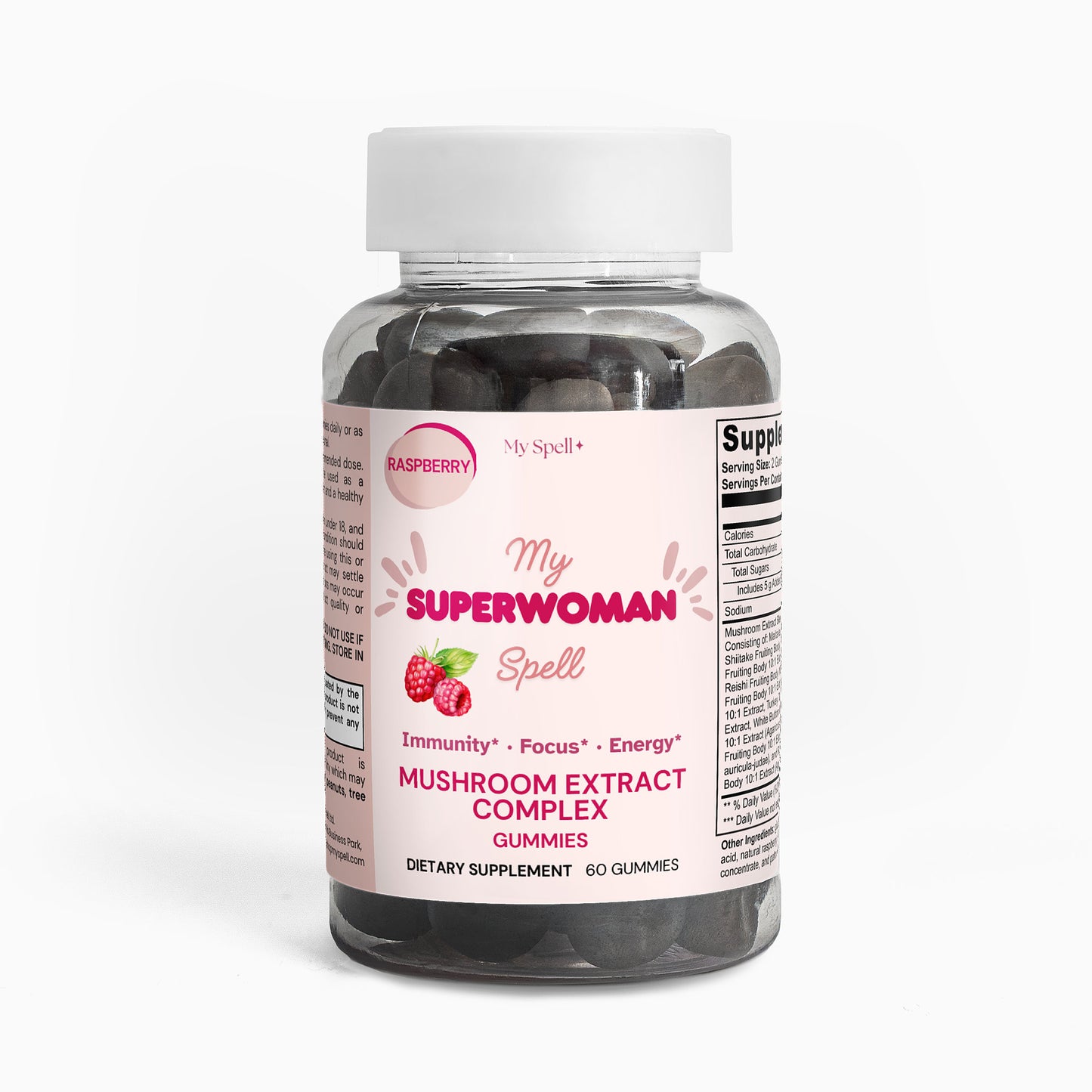 Bottle of My Spell Supplements 'My Superwoman Spell' mushroom extract complex gummies on a white background