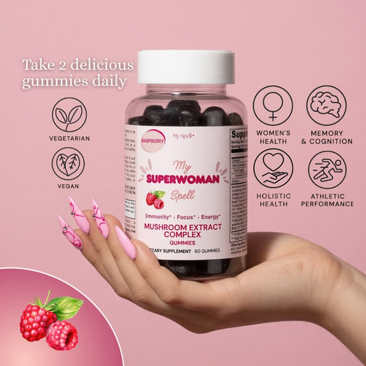 Bottle of My Spell Supplements 'My Superwoman Spell' mushroom extract complex gummies held in a hand with pink background