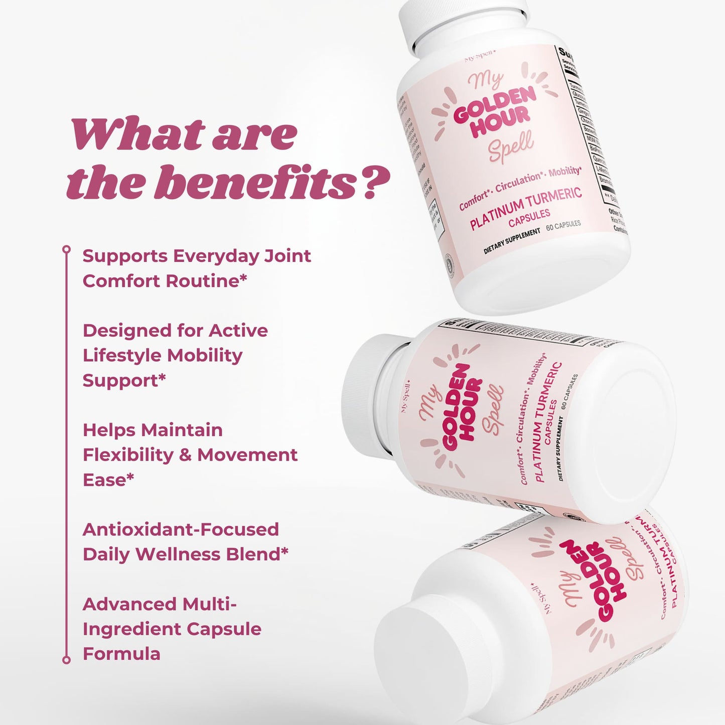 Three My Spell Supplements bottles of 'My Golden Hour Spell' supplement with text listing benefits on a white background.