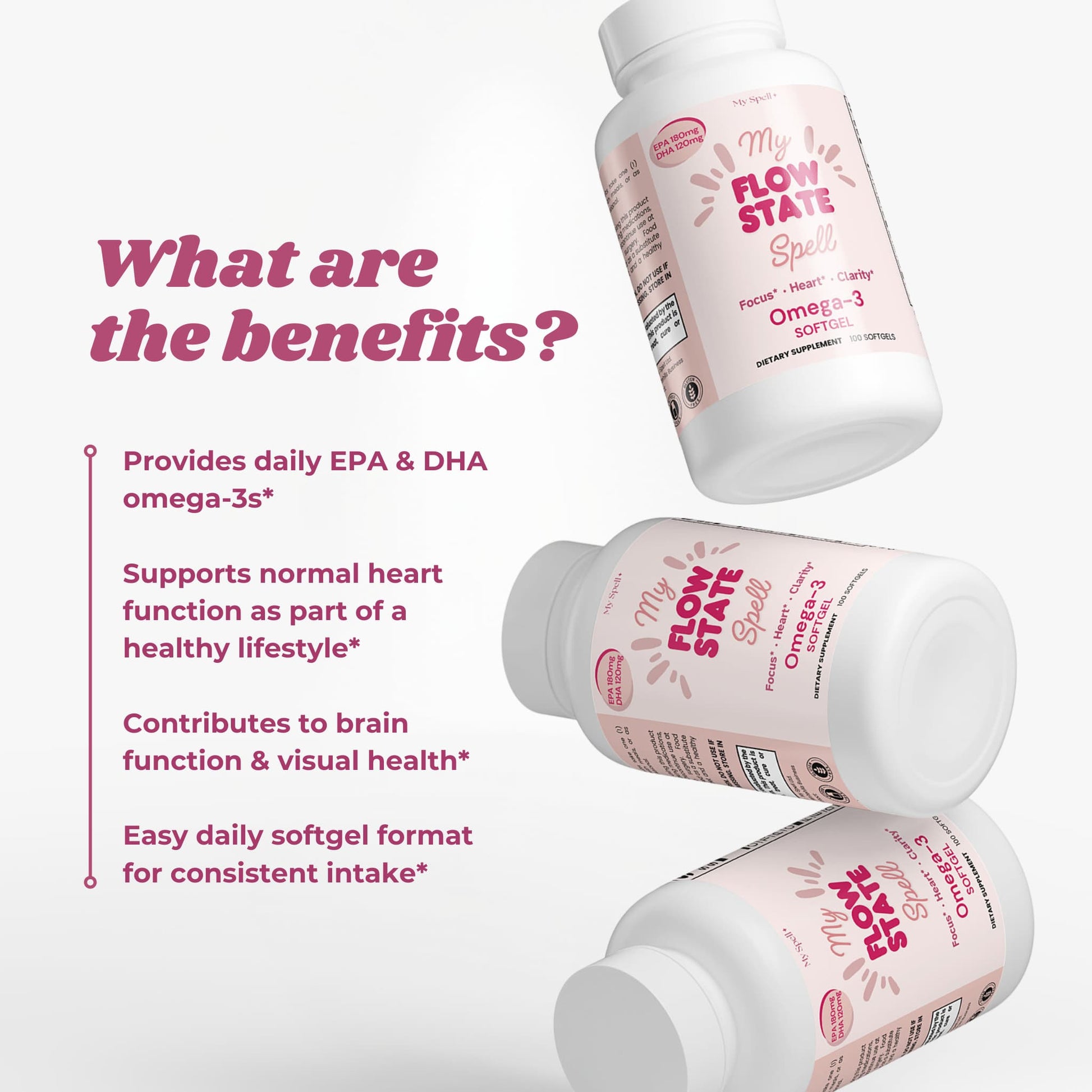 My Spell Supplements Omega-3 supplement bottles with text highlighting benefits on a white background