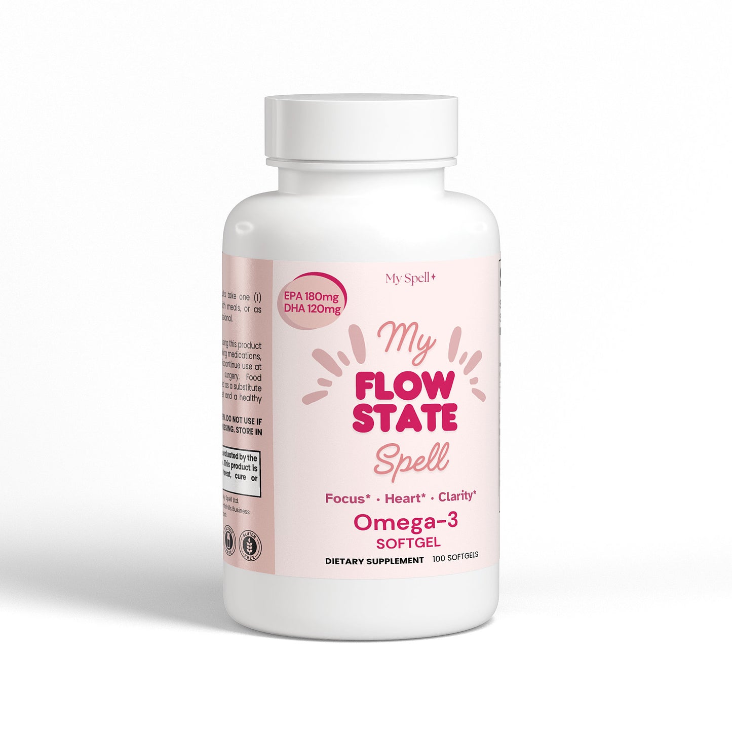 My Spell Supplements Omega-3 Soft gel bottle labeled 'My Flow State Spell' on a white background
