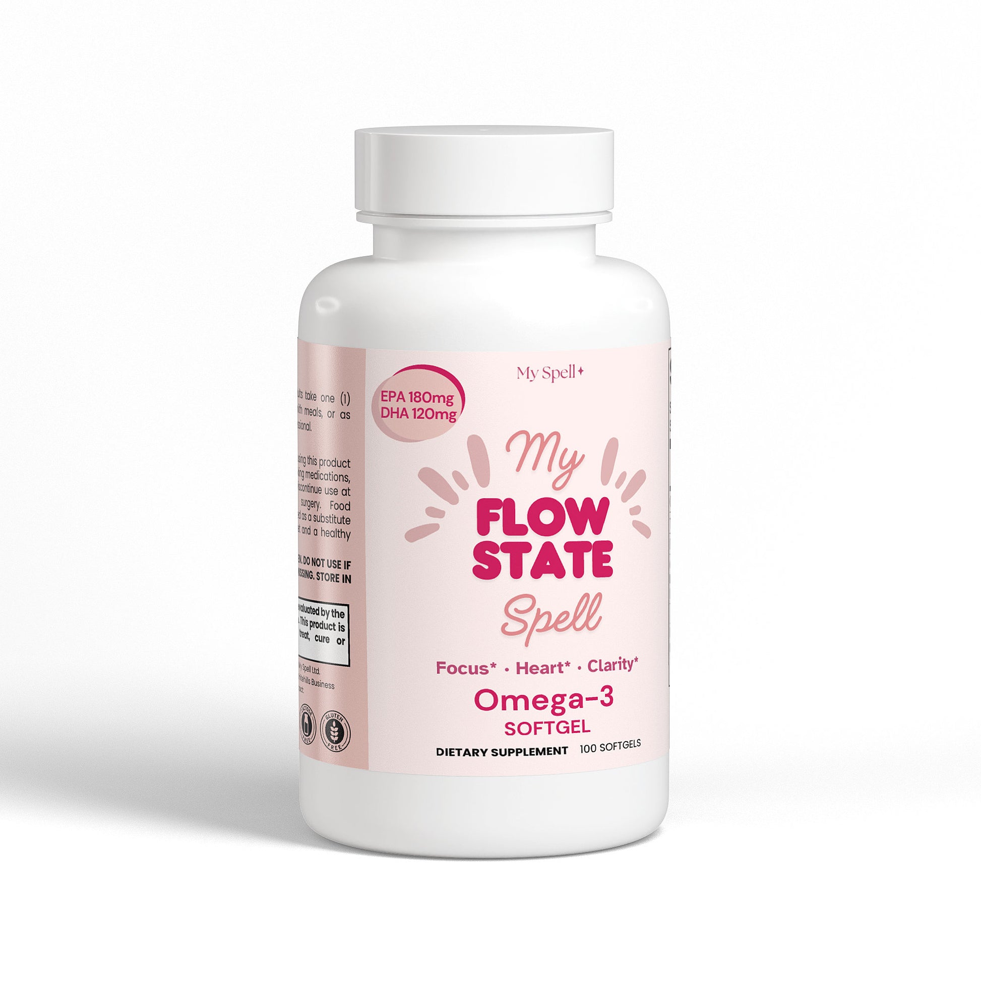 My Spell Supplements Omega-3 Soft gel bottle labeled 'My Flow State Spell' on a white background