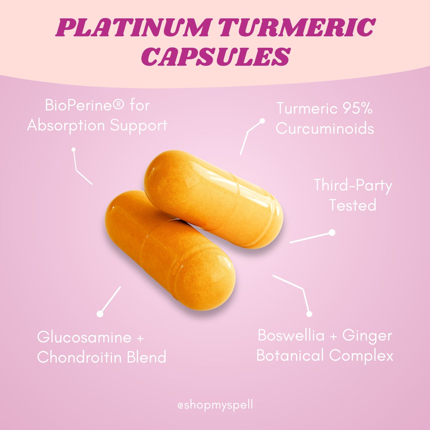 Two My Spell Supplements platinum turmeric capsules with ingredients listed on a pink background
