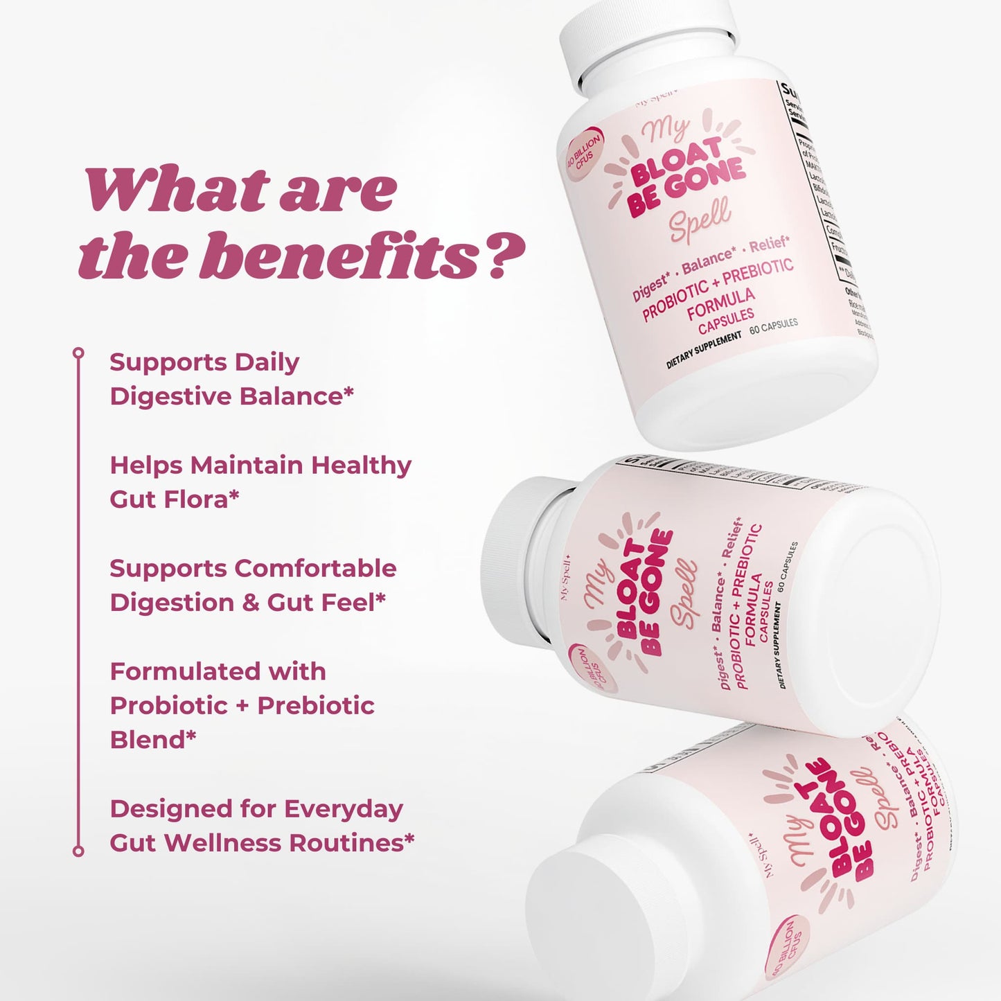 My Spell Supplement bottle labeled 'My Bloat Be Gone Spell' with text detailing benefits on a white background.