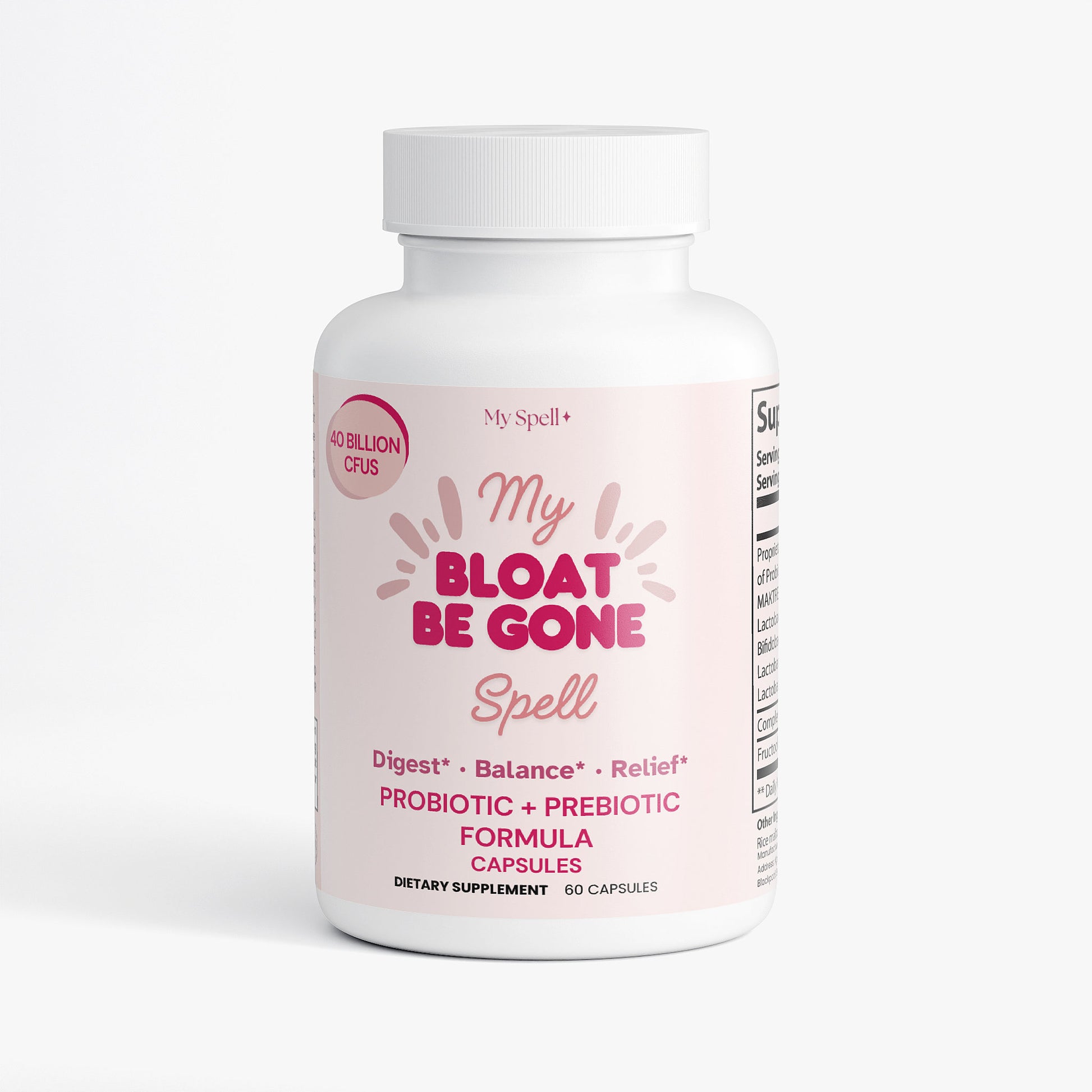 My Spell Supplement bottle labeled 'My Bloat Be Gone Spell' on a white background