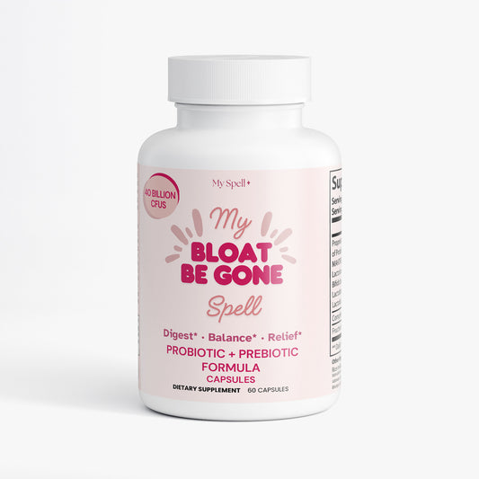 My Spell Supplement bottle labeled 'My Bloat Be Gone Spell' on a white background