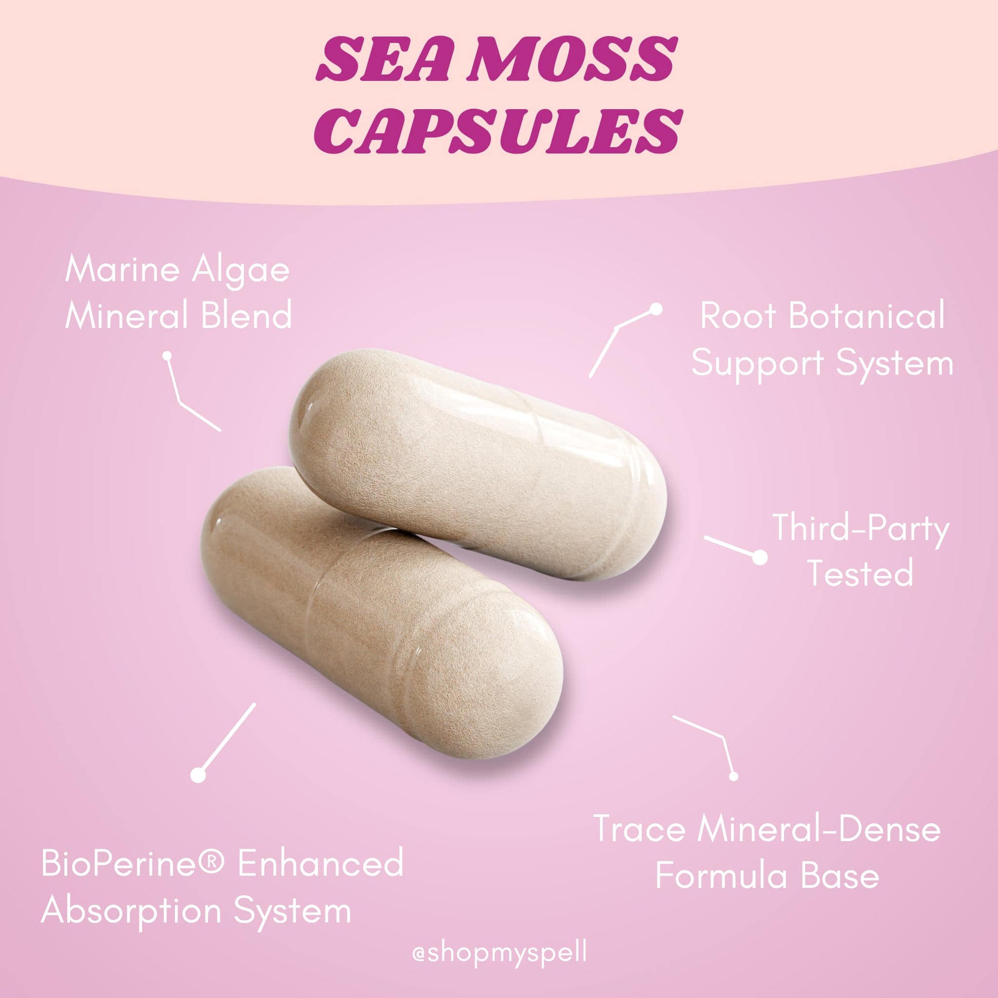 My Spell Supplements two sea moss capsules on a pink background with text highlighting features.