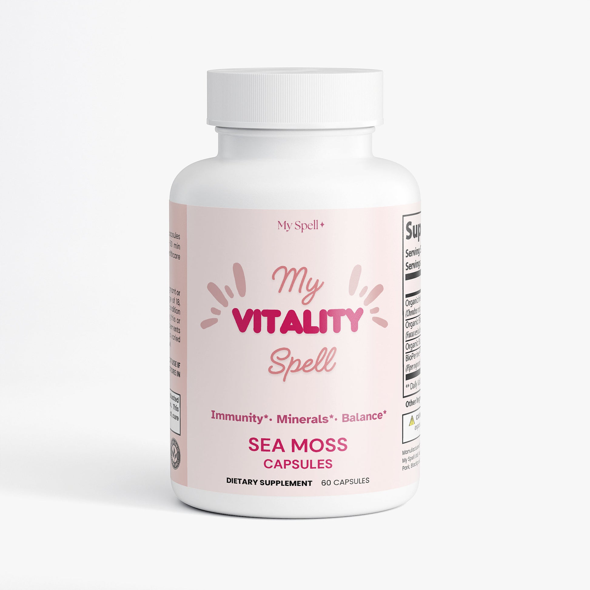 My Spell Supplements Sea Moss Capsules bottle labeled 'My Vitality Spell' on a white background
