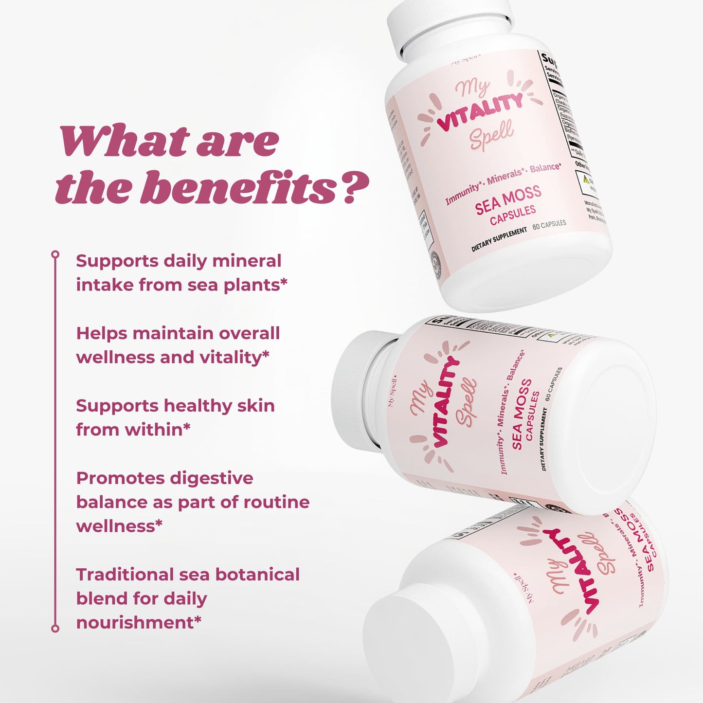 My Spell Supplements Sea moss capsules with text highlighting benefits on a white background