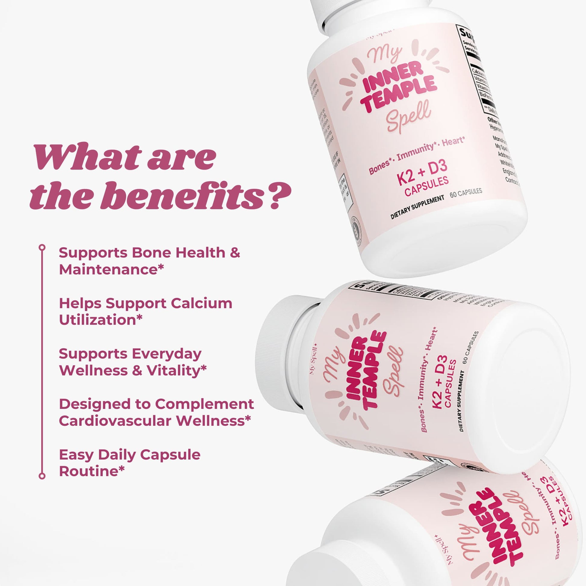 My Spell Supplements Vitamin K2 + D3 My Inner Temple supplement bottles with benefits listed on a white background
