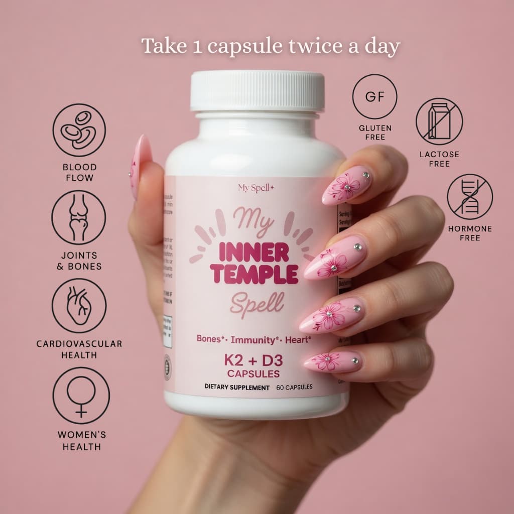 Hand holding a bottle of My Spell Supplements Vitamin K2 + D3 labeled 'My Inner Temple Spell' dietary supplement with product details on a pink background.