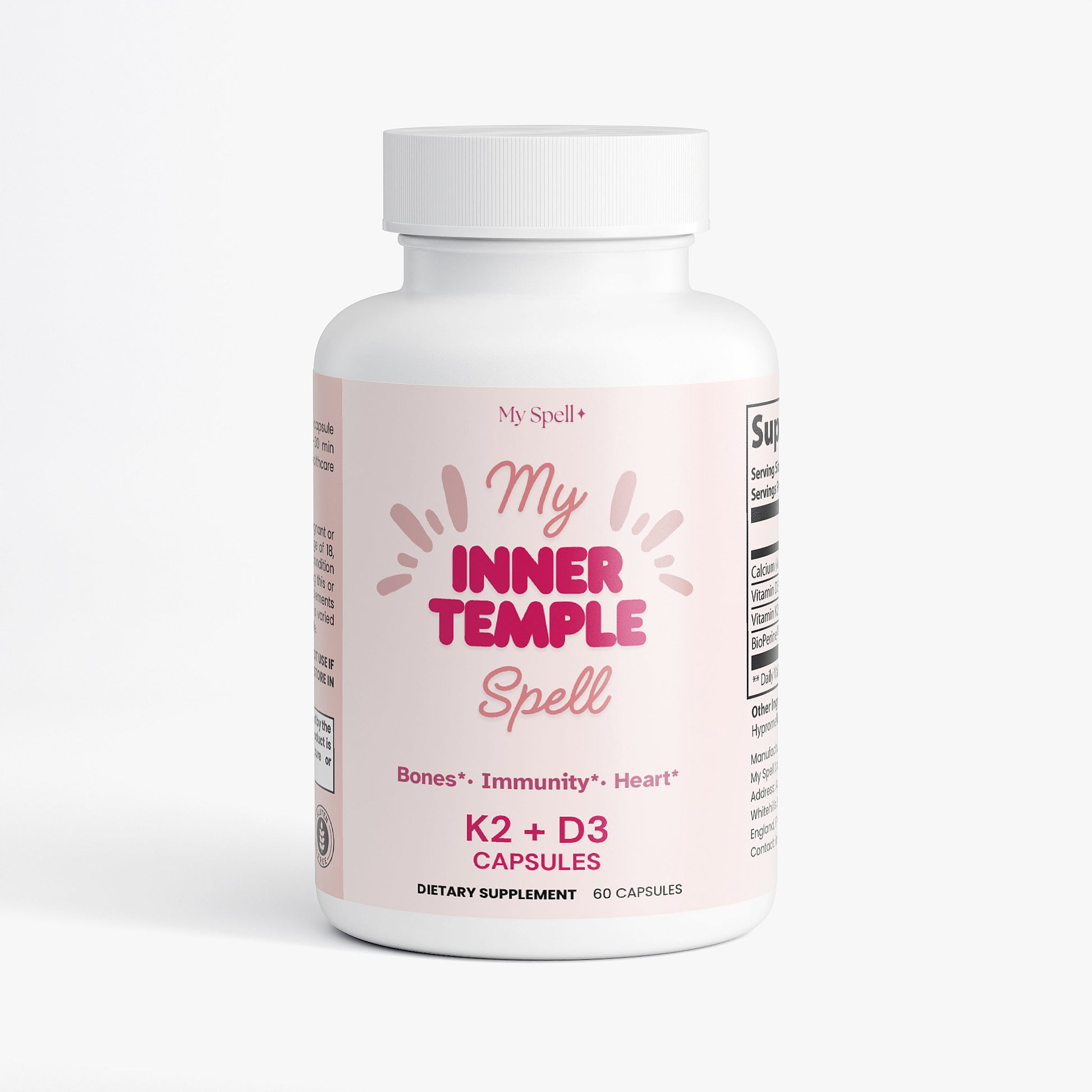 My Spell Supplements K2 + D3 vitamin bottle labeled 'My Inner Temple Spell' on a white background
