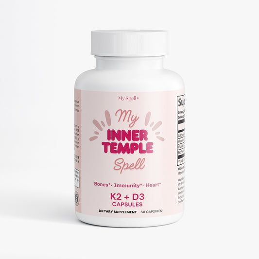 My Spell Supplements K2 + D3 vitamin bottle labeled 'My Inner Temple Spell' on a white background