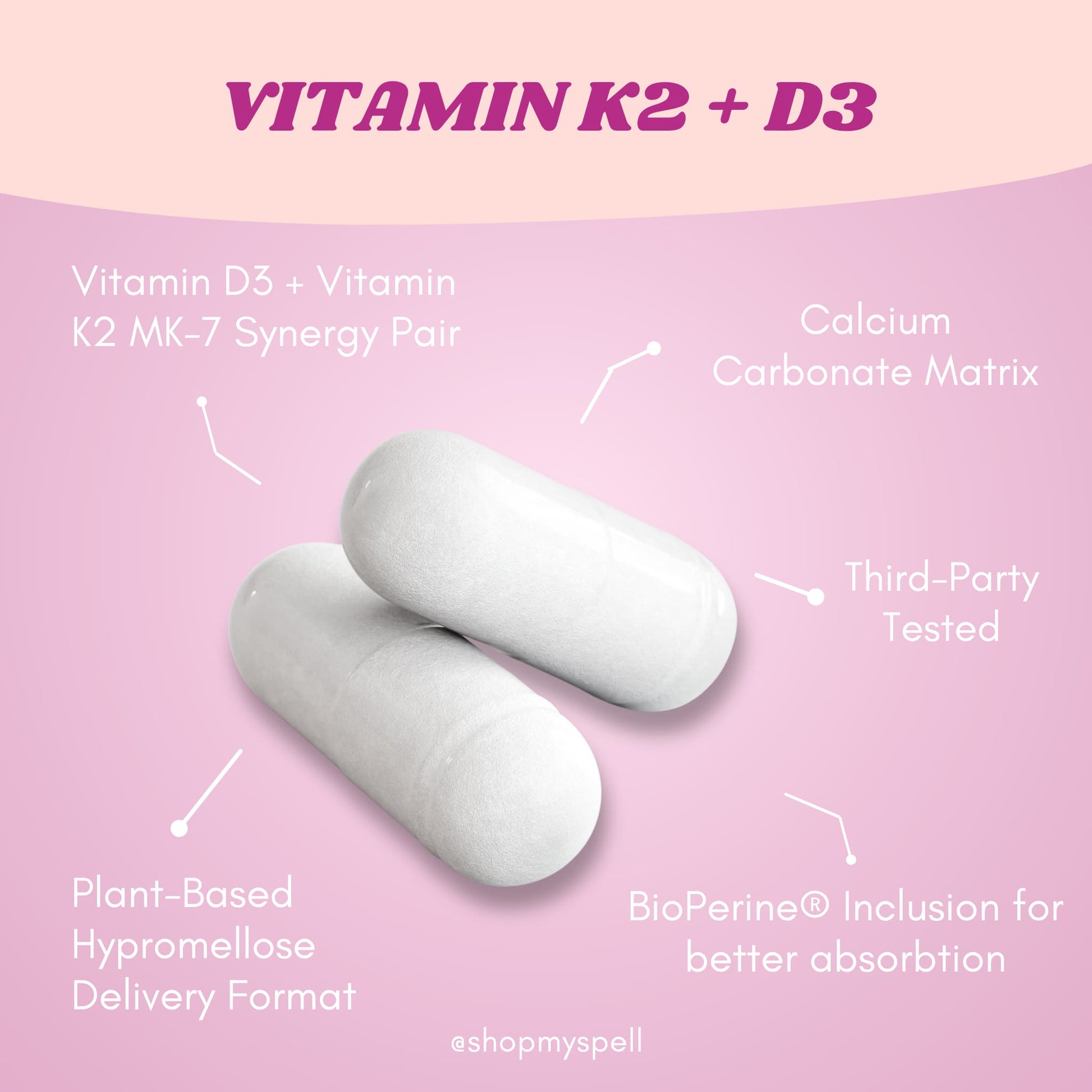 My Spell Supplements two white capsules with text detailing vitamin K2 and D3 on a pink background