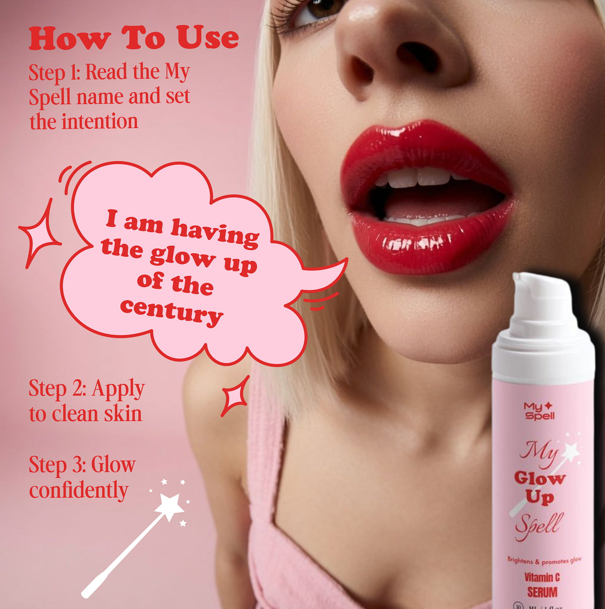 A beauty ad for My Spell Vitamin C Serum showing a close-up of a woman's lower face with glossy red lipstick, next to a pink bottle labeled 'My Glow Up Spell' and a pink 'How To Use' instruction graphic on the left.