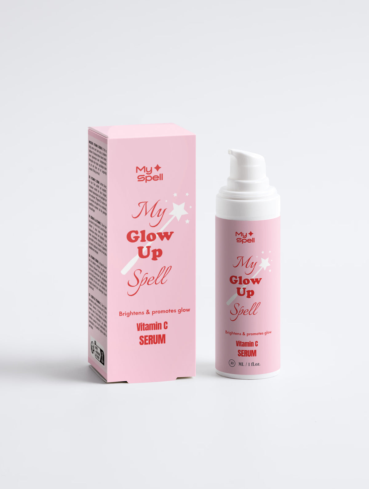 A pink cosmetic serum bottle with a white pump next to its matching pink packaging box, both featuring the brand name 'My Spell' and the product name 'My Glow Up Spell' on a clean white background. The product is vitamin C serum.