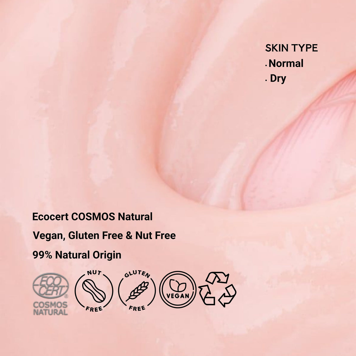 A close-up of My Spell peptides anti-aging serum pale pink cosmetic texture or lip area with text reading 'SKIN TYPE . Normal  and dry. Trust badges and icons on the bottom.