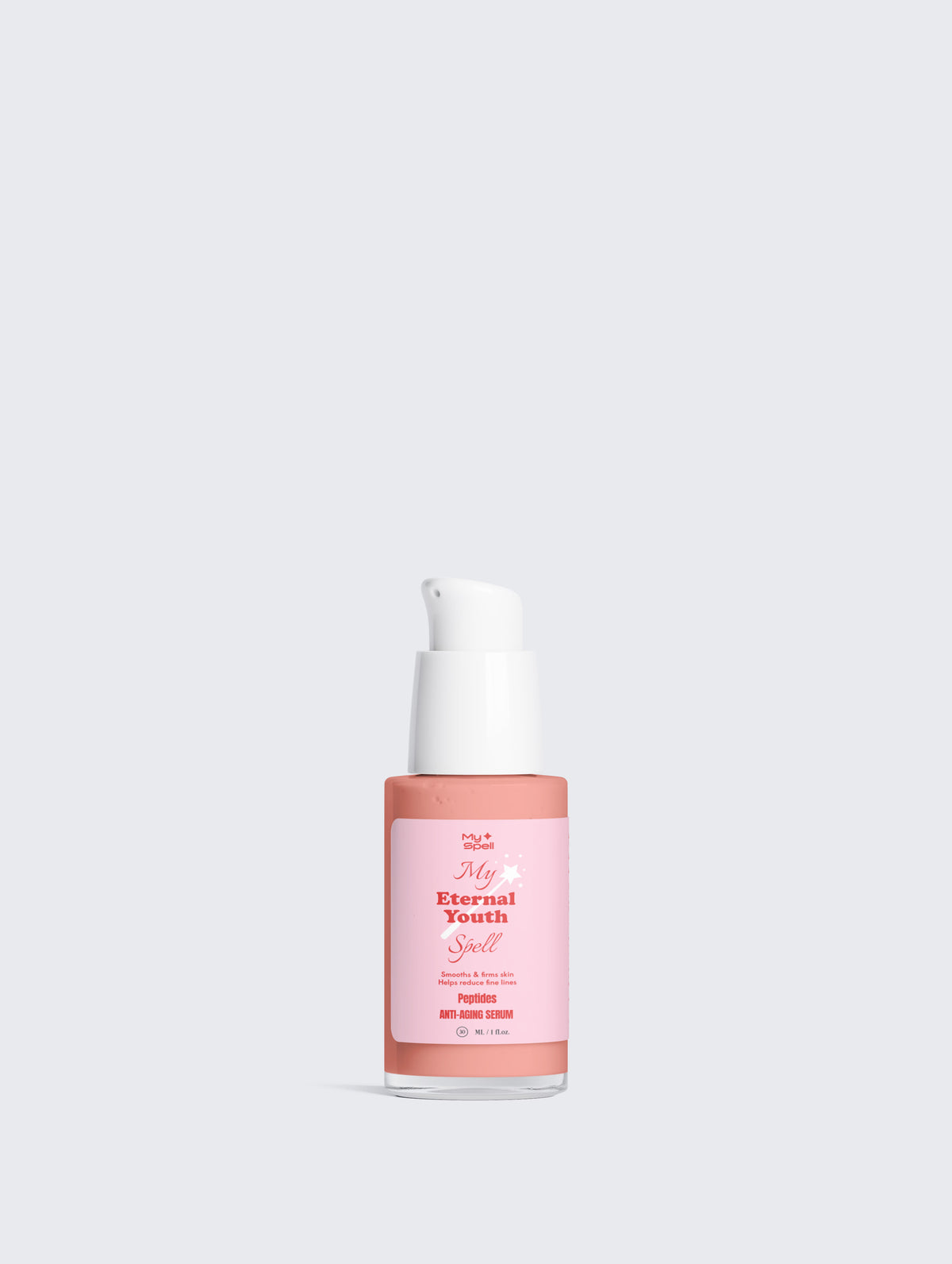 A bottle of My Eternal Youth Spell Peptides Anti-Aging Serum on a light gray background. The bottle has a pink label with white text, a white pump dispenser, and a peach-colored base.