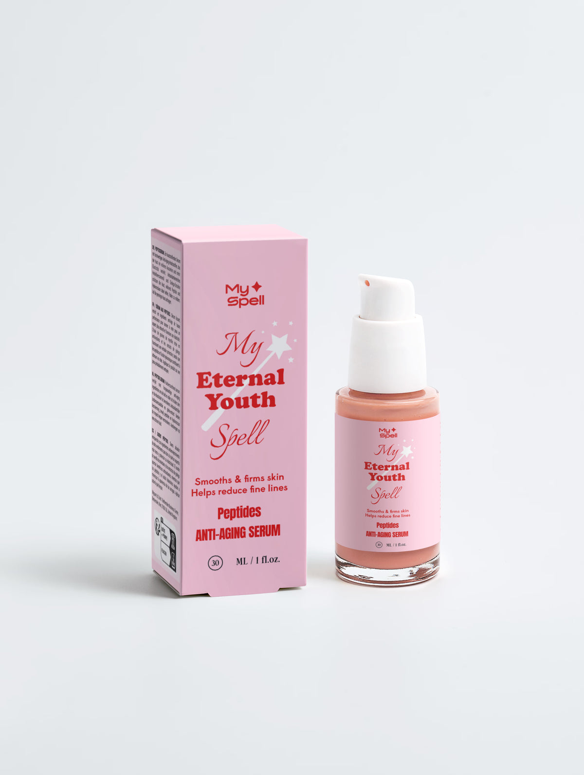 My Spell My Eternal Youth Spell peptides anti-aging serum bottle with a white pump next to its pink packaging box, on a light gray background.