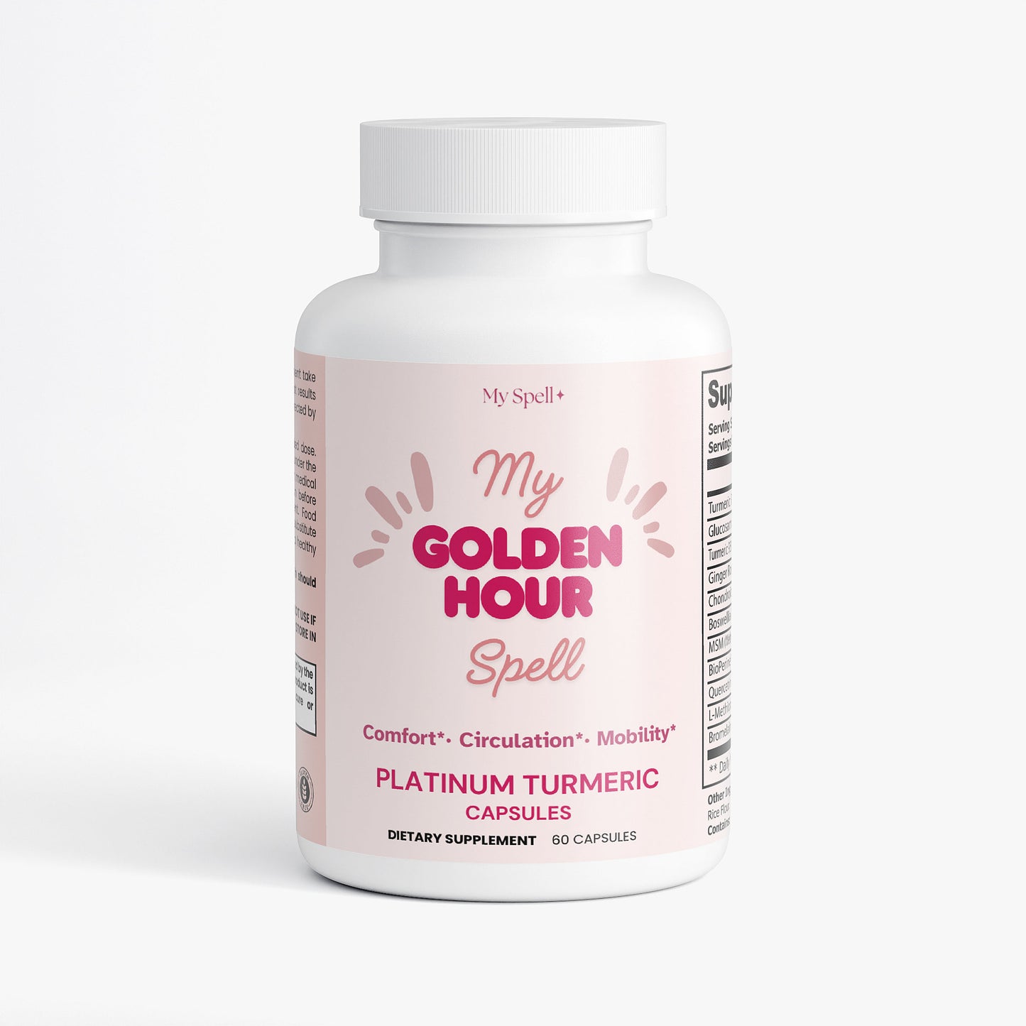 Platinum Turmeric My Spell Supplements bottle labeled 'My Golden Hour Spell' on a white background