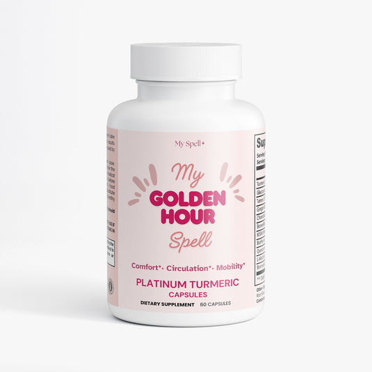 Platinum Turmeric My Spell Supplements bottle labeled 'My Golden Hour Spell' on a white background